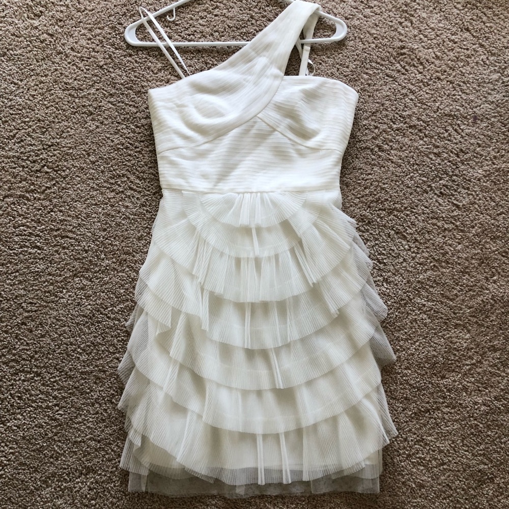 BCBG one shoulder, tulle ruffles mini dress.